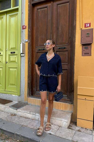 Nakış Detaylı Düğmeli Gömlek LACİVERT