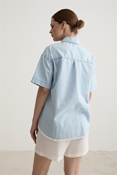 Nakış Detaylı Kısa Kollu Kot Gömlek BUZ MAVİ