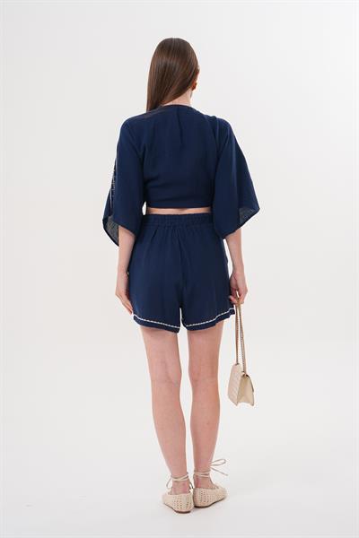 Nakış Detaylı Kısa Müslin Şort LACİVERT