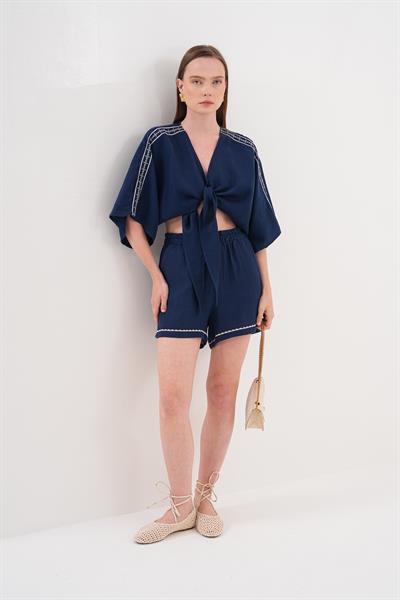 Nakış Detaylı Kısa Müslin Şort LACİVERT