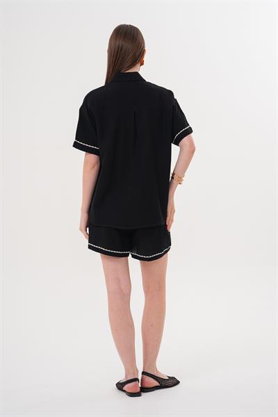 Nakış Detaylı Kısa Müslin Şort SİYAH