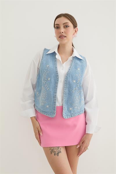 Nakış Detaylı Kolsuz Crop Yelek TAŞ YIKAMA
