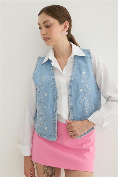 Nakış Detaylı Kolsuz Crop Yelek TAŞ YIKAMA