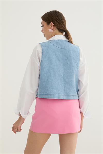 Nakış Detaylı Kolsuz Crop Yelek TAŞ YIKAMA