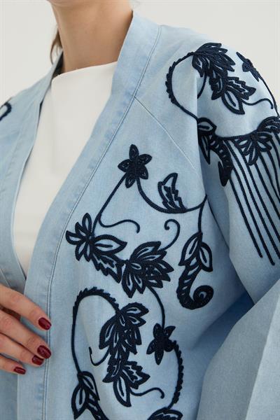 Nakış Detaylı Kot Ceket BUZ MAVİ