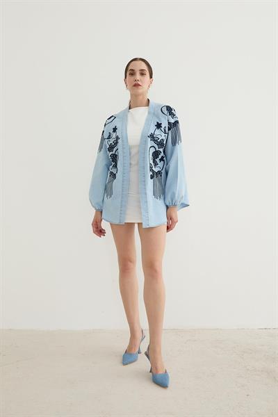 Nakış Detaylı Kot Ceket BUZ MAVİ