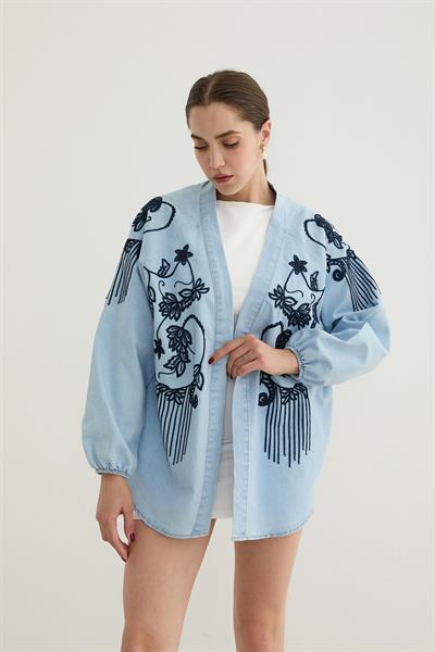 Nakış Detaylı Kot Ceket BUZ MAVİ