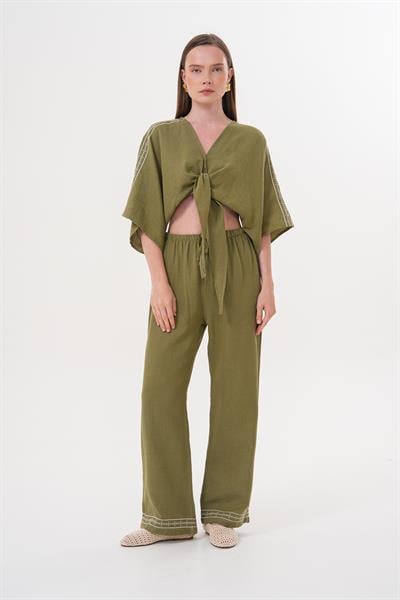 Omuz Nakış Detaylı  Beli Bağlamalı Gömlek HAKİ