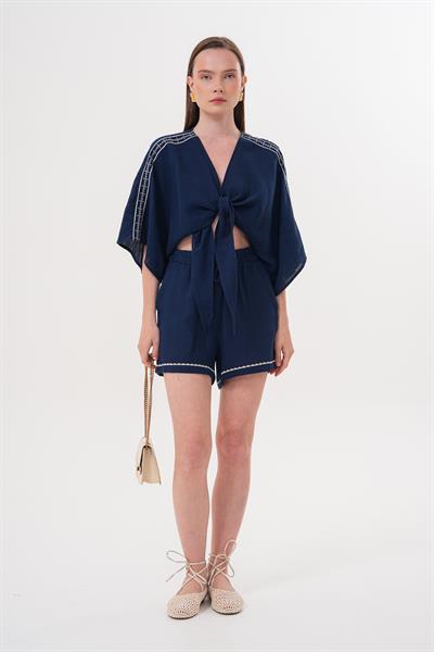 Omuz Nakış Detaylı  Beli Bağlamalı Gömlek LACİVERT