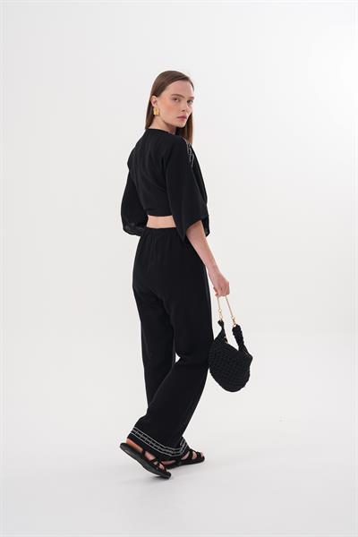 Omuz Nakış Detaylı  Beli Bağlamalı Gömlek SİYAH