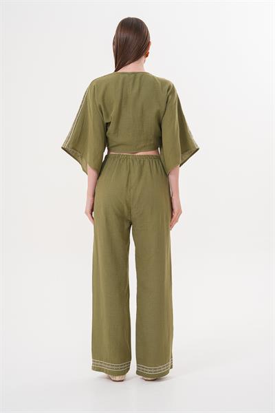 Omuz Nakış Detaylı  Beli Bağlamalı Gömlek HAKİ