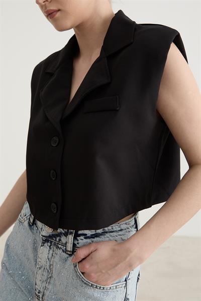 Omuzları Vatka Detaylı Yelek SİYAH