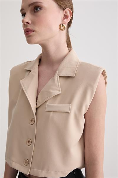 Omuzları Vatka Detaylı Yelek TAŞ