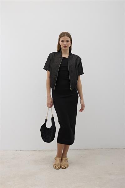 Omzu Vatkalı Önü Fermuarlı Ceket BLACK