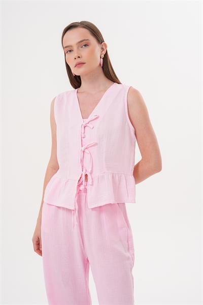 Ön Bağlamalı Kolsuz Bluz PEMBE