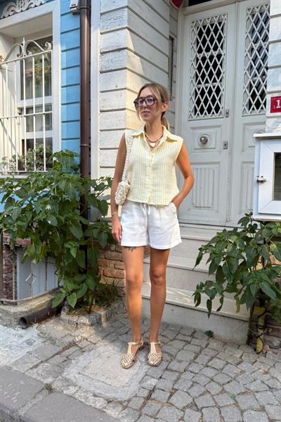 Ön Düğmeli Çizgili Müslin Gömlek SARI