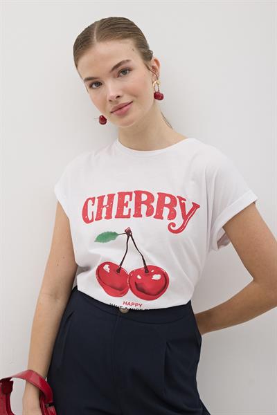 Ön Kiraz Baskılı T-Shirt BEYAZ
