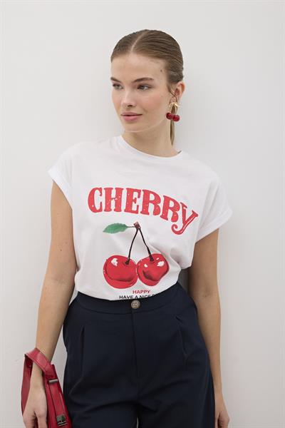 Ön Kiraz Baskılı T-Shirt BEYAZ