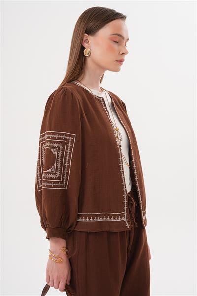 Ön Ve Kol Nakış Detaylı Gömlek KAHVE