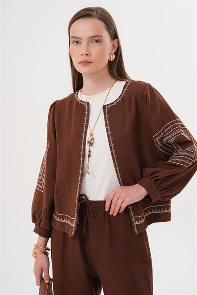 Ön Ve Kol Nakış Detaylı Gömlek KAHVE