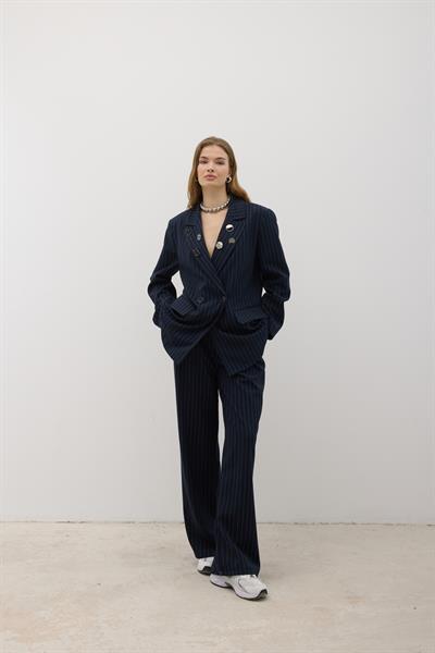 Önü Düğme Detaylı Fermuarlı Pantolon LACİVERT