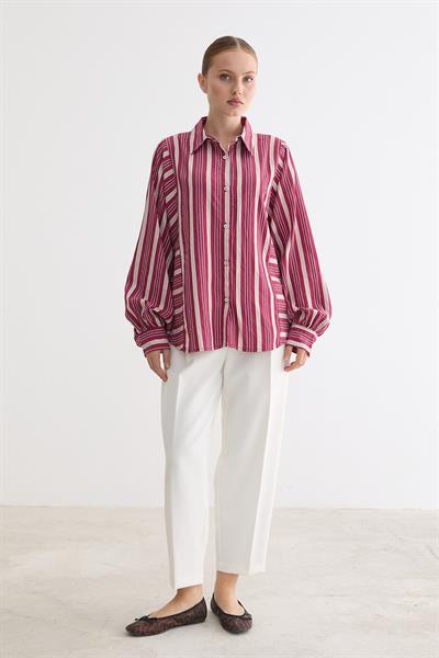 Önü Düğmeli Çizgili Oversize Gömlek BORDO