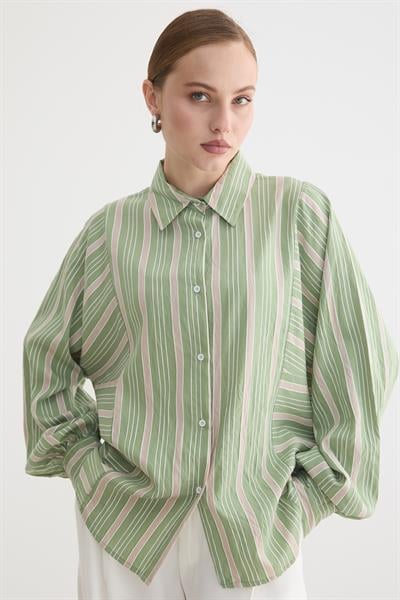 Önü Düğmeli Çizgili Oversize Gömlek HAKİ