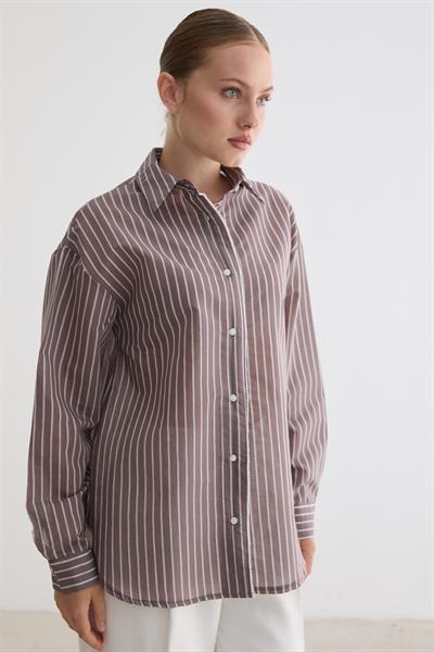 Önü Düğmeli Dantel Detaylı Çizgili Gömlek KAHVE