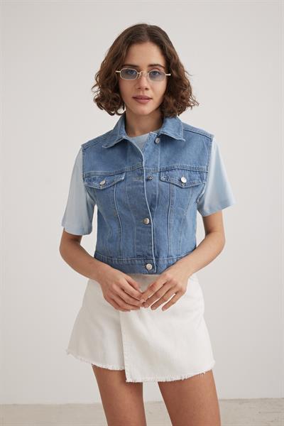 Önü Düğmeli Kot Yelek KOYU MAVİ