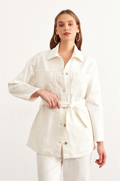 Önü Düğmeli Kuşaklı Gabardin Ceket EKRU