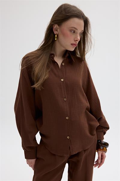 Önü Düğmeli Oversize Gömlek KAHVE