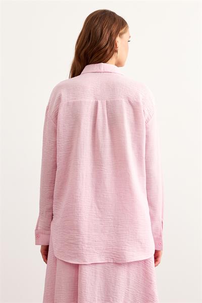 Önü Düğmeli Oversize Keten Gömlek PEMBE