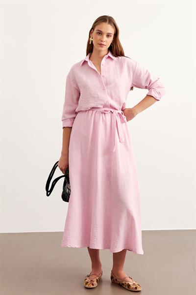 Önü Düğmeli Oversize Keten Gömlek PEMBE