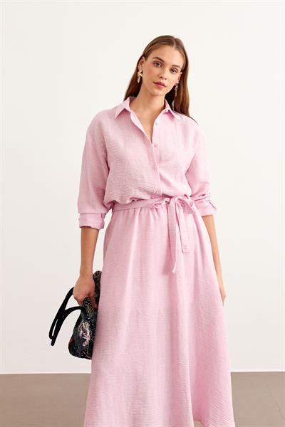 Önü Düğmeli Oversize Keten Gömlek PEMBE