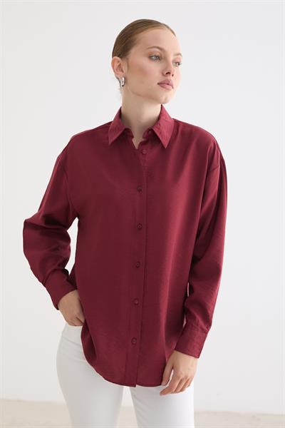 Önü Düğmeli Oversize Modal Gömlek BORDO