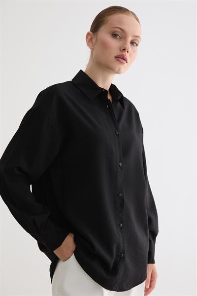 Önü Düğmeli Oversize Modal Gömlek SİYAH