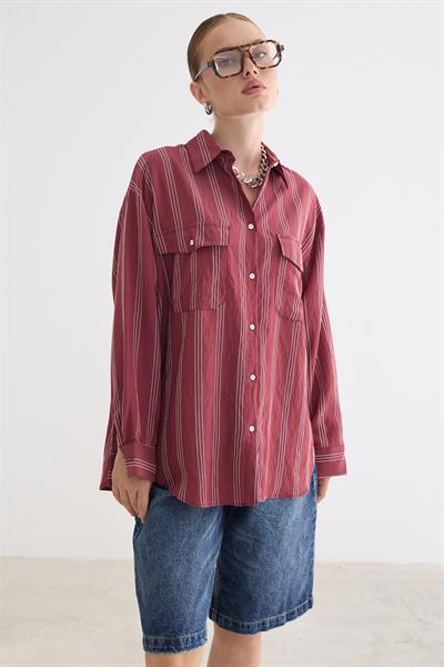 Önü Düğmeli Oversize Viskon Gömlek BORDO