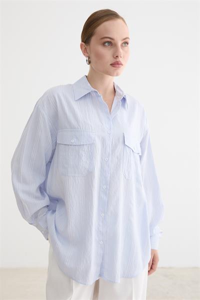 Önü Düğmeli Oversize Viskon Gömlek MAVİ