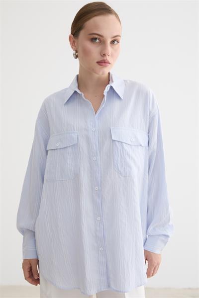 Önü Düğmeli Oversize Viskon Gömlek MAVİ
