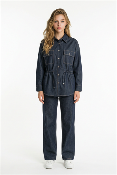 Oversize Beli Tünelli Cepli Gömlek MAVİ