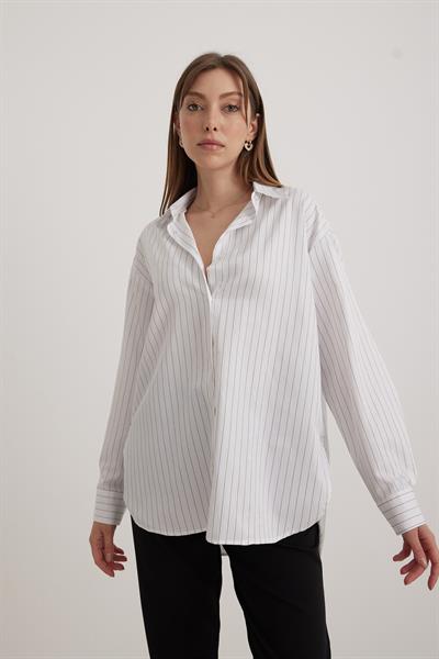 Oversize Çizgili Yırtmaçlı  Kadın Gömlek ÇİZGİLİ