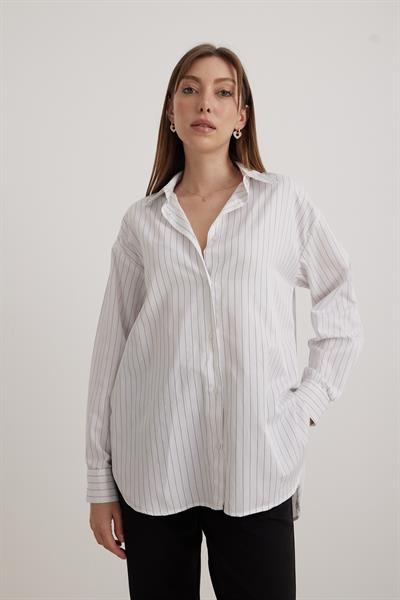 Oversize Çizgili Yırtmaçlı  Kadın Gömlek ÇİZGİLİ