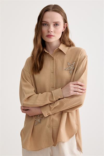 Oversize Keten Kadın Gömlek BİSKÜVİ