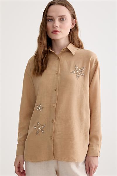 Oversize Keten Kadın Gömlek BİSKÜVİ