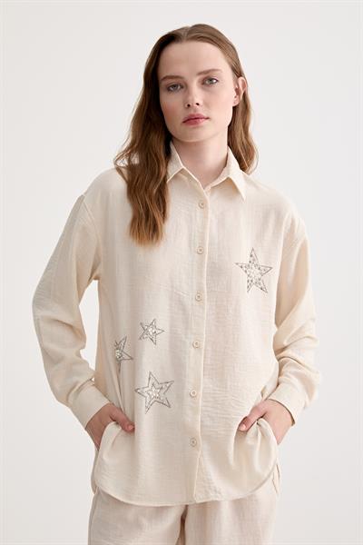 Oversize Keten Kadın Gömlek TAŞ