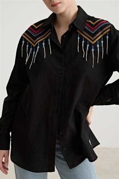 Oversize Nakış Detaylı Pamuk Gömlek SİYAH