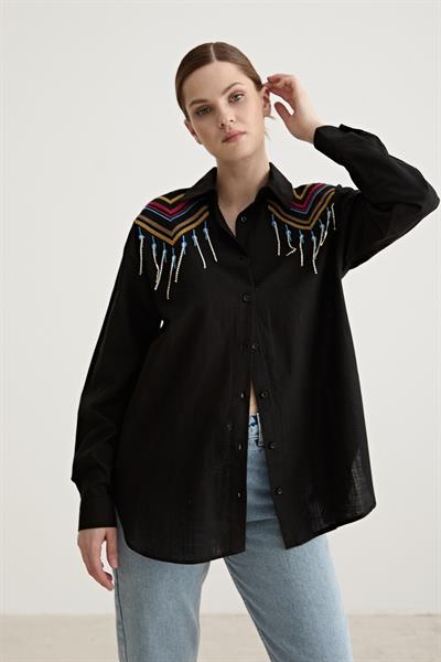 Oversize Nakış Detaylı Pamuk Gömlek SİYAH