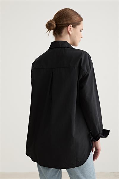 Oversize Nakış Detaylı Pamuk Gömlek SİYAH