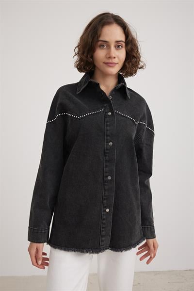 Oversize Taş Detaylı Kadın Denim Ceket SİYAH