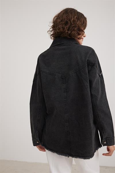 Oversize Taş Detaylı Kadın Denim Ceket SİYAH